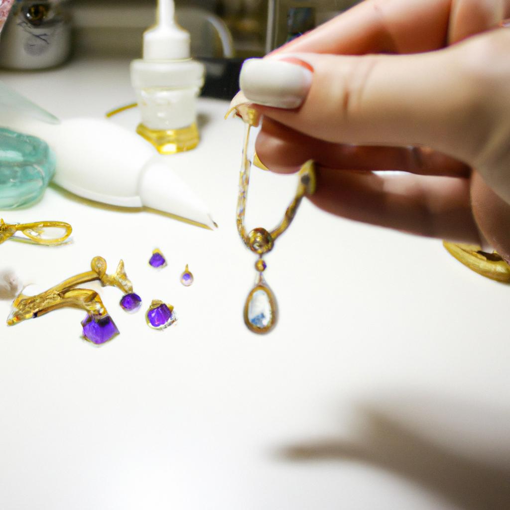 Person cleaning jewelry with products