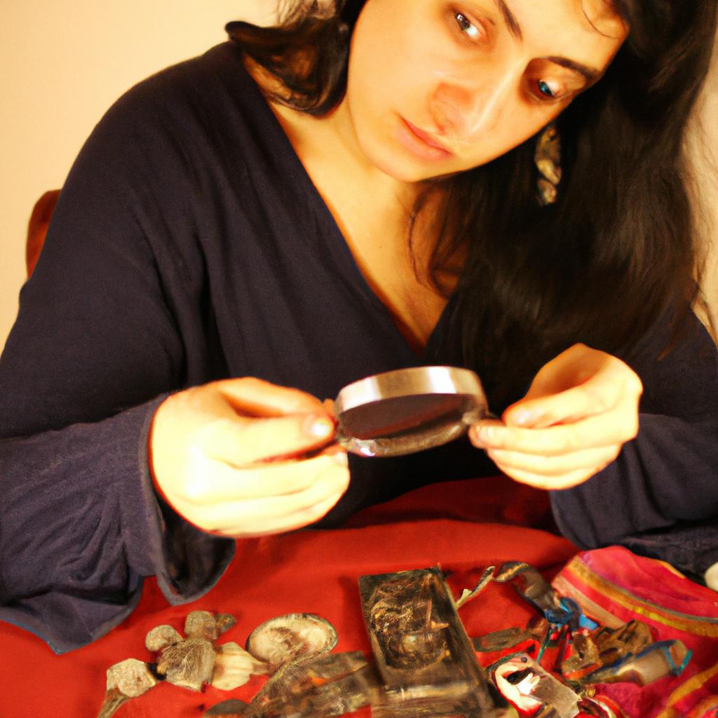 Woman examining ancient jewelry artifacts