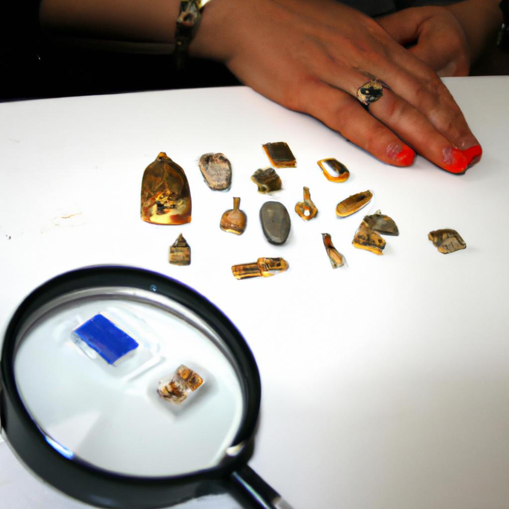 Person examining ancient jewelry artifacts