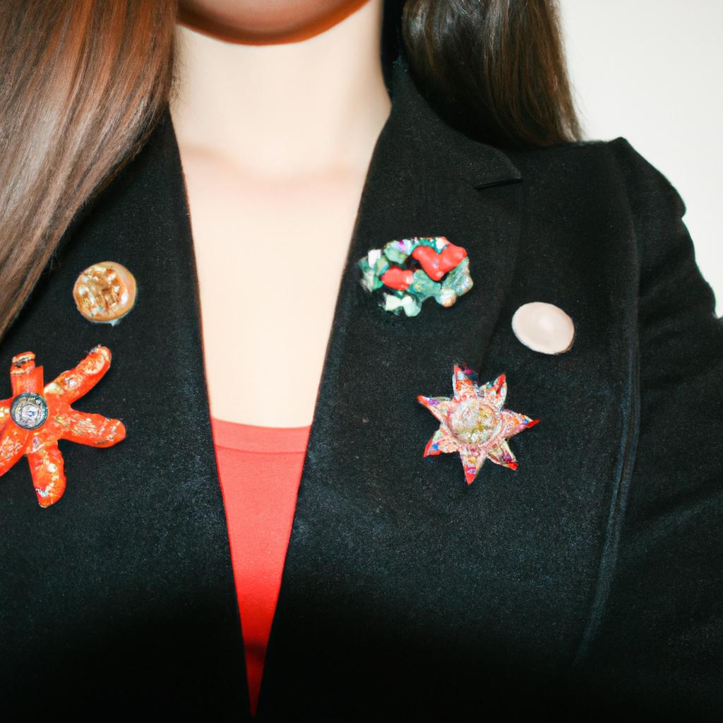 Woman wearing various brooches creatively