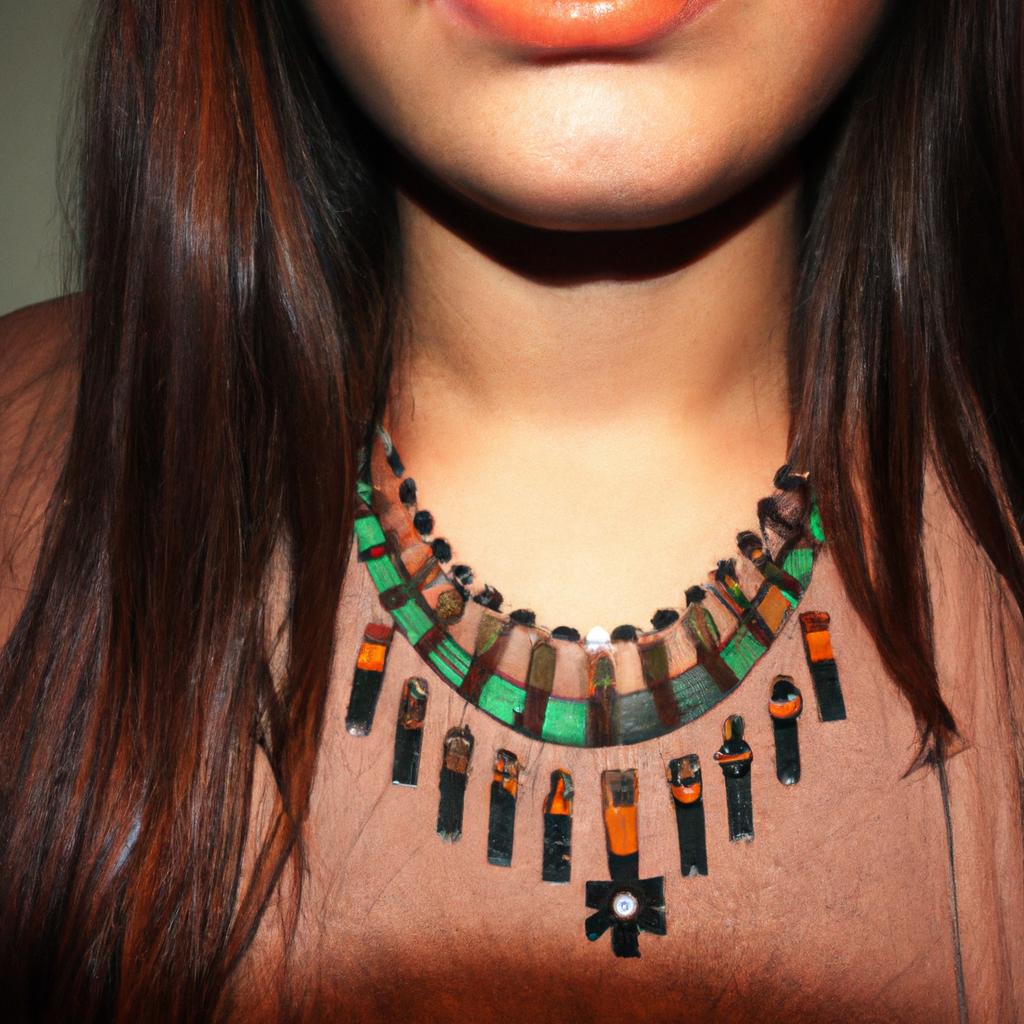 Woman wearing intricate geometric necklace