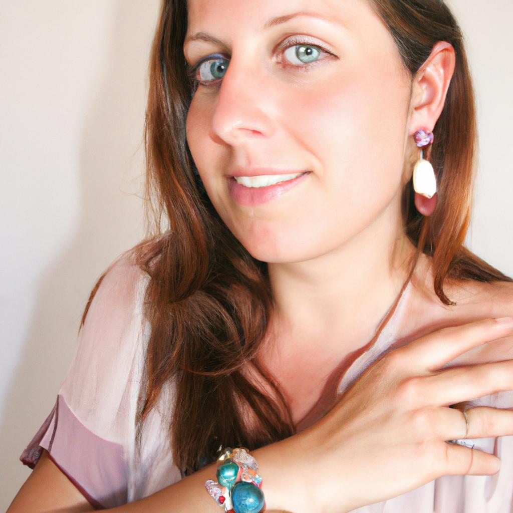 Woman wearing opal jewelry, smiling