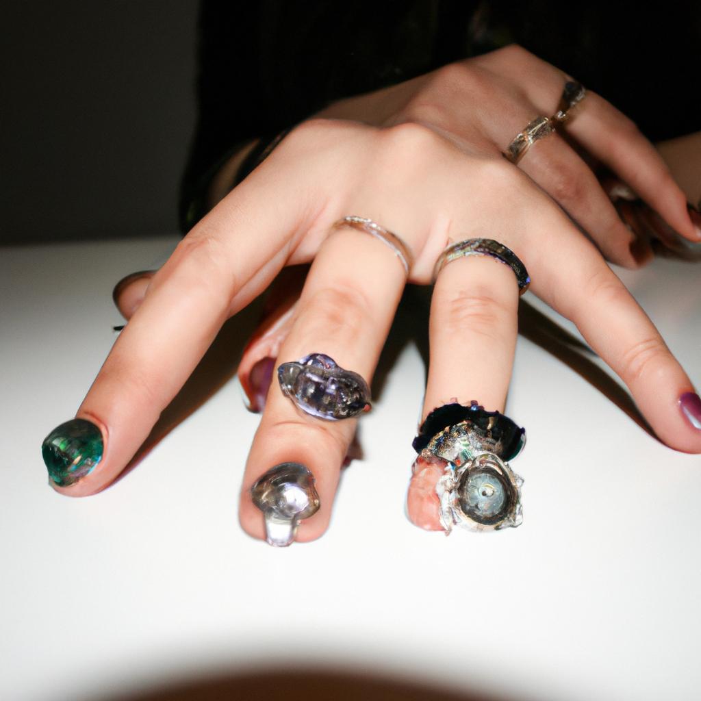 Woman trying on various rings