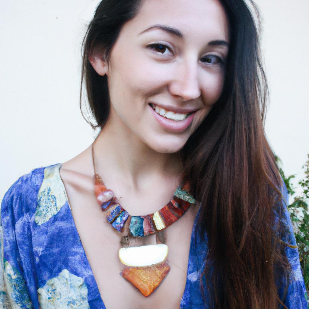 Woman wearing statement necklace, smiling