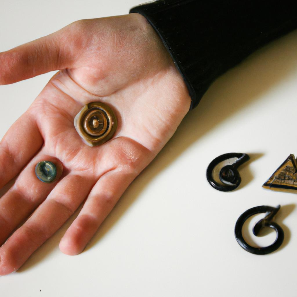 Person examining ancient jewelry symbols