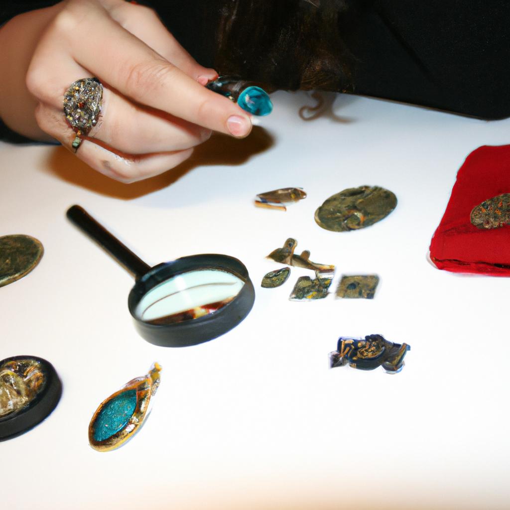 Person examining ancient jewelry artifacts